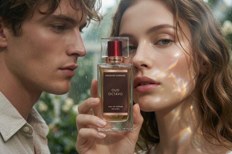 Non-Toxic Perfume That Lasts 2026 — Perfumer's Pick 6 Couple holding Prosody London Oud Octavo, a non-toxic perfume that lasts, in a rain-dappled greenhouse setting