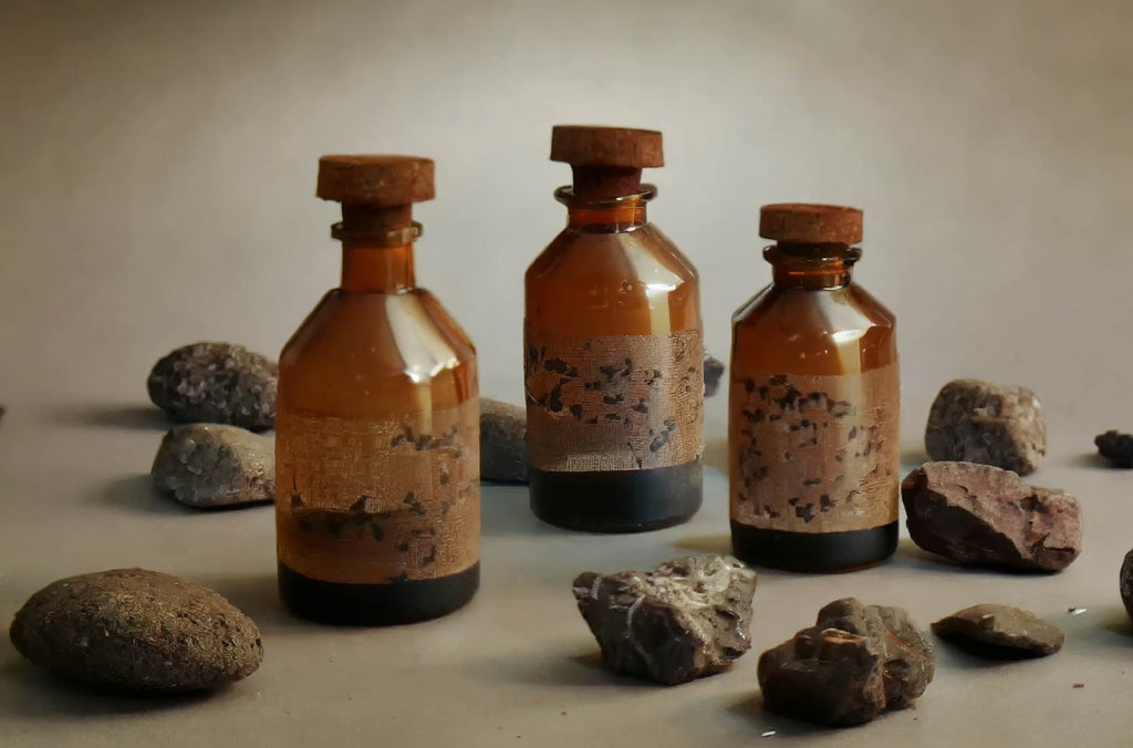 Hyraceum tinctured brown bottles with stones
