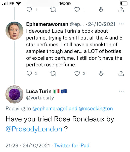 screengrab of Luca Turin recommending Rose Rondeaux to a follower