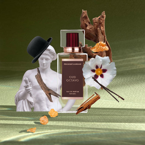 Oud Octavo perfume bottle with labdabum, resins, cinnamon and oud pieces