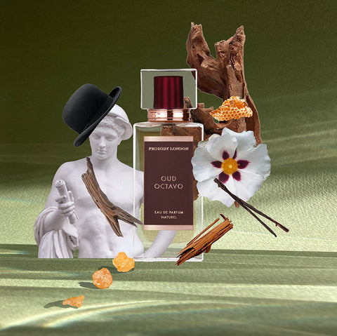 Oud natural perfume with oud and roman sculpture