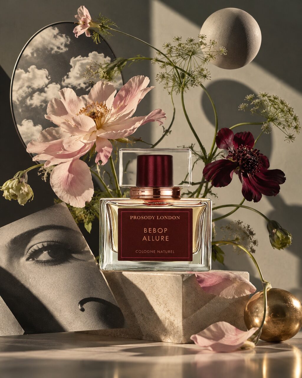 Bebop Allure natural cologne by Prosody London with peony and blossom in a surreal collage