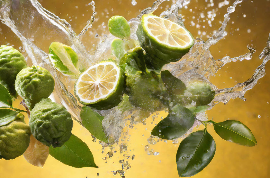 bergamot in mid air with water splashes with yellow background