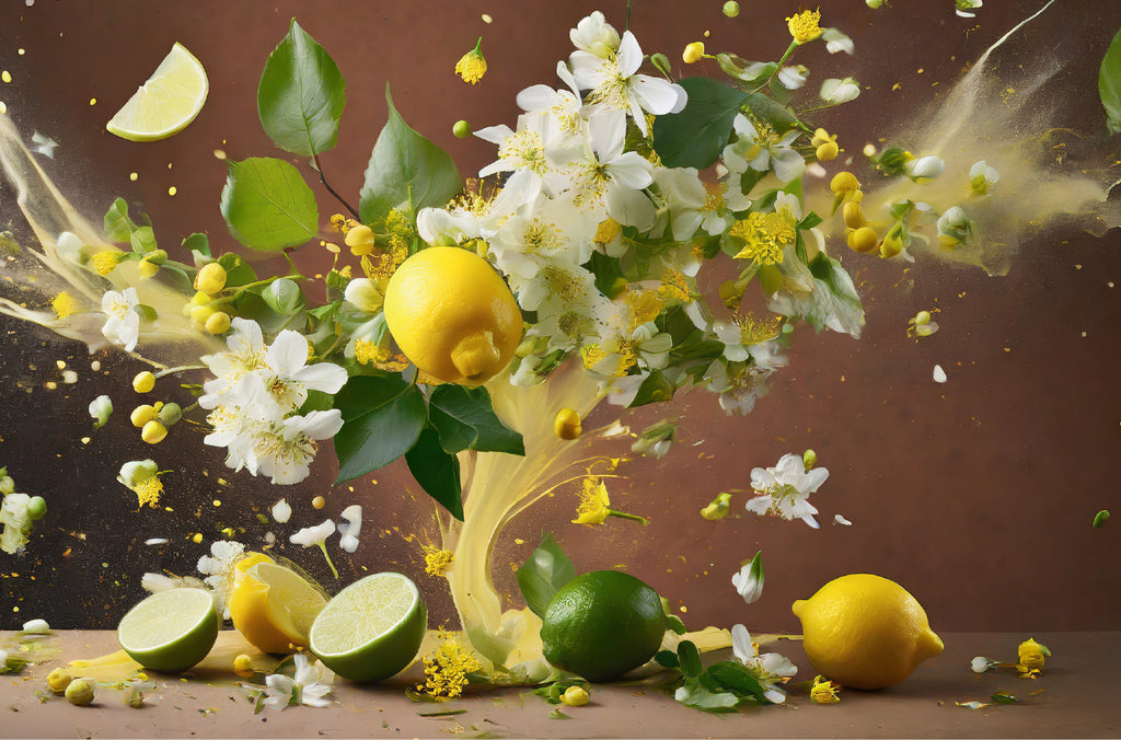 lemon and lime blossom flying in brown background