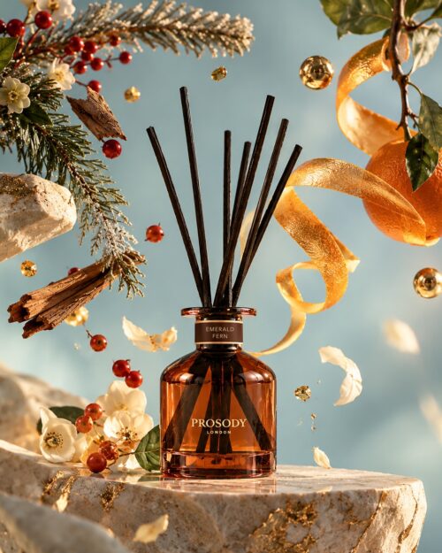 Emerald Fern natural reed diffuser by Prosody London with orange peel, berries and pine