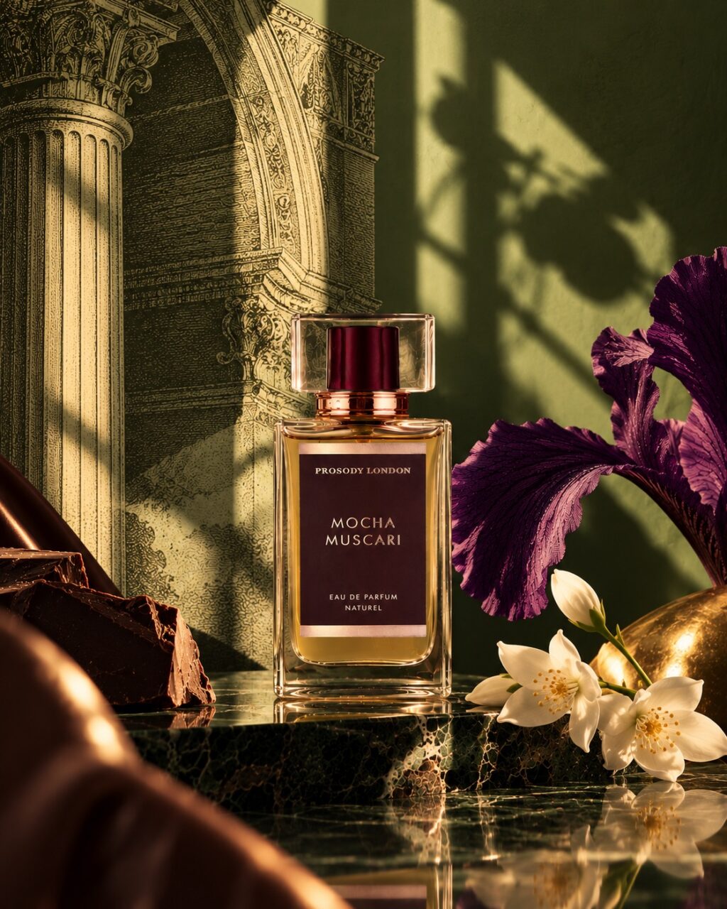 Mocha Muscari, a coffee and woody vanilla perfume by Prosody London, with a purple iris and classical columns in soft light