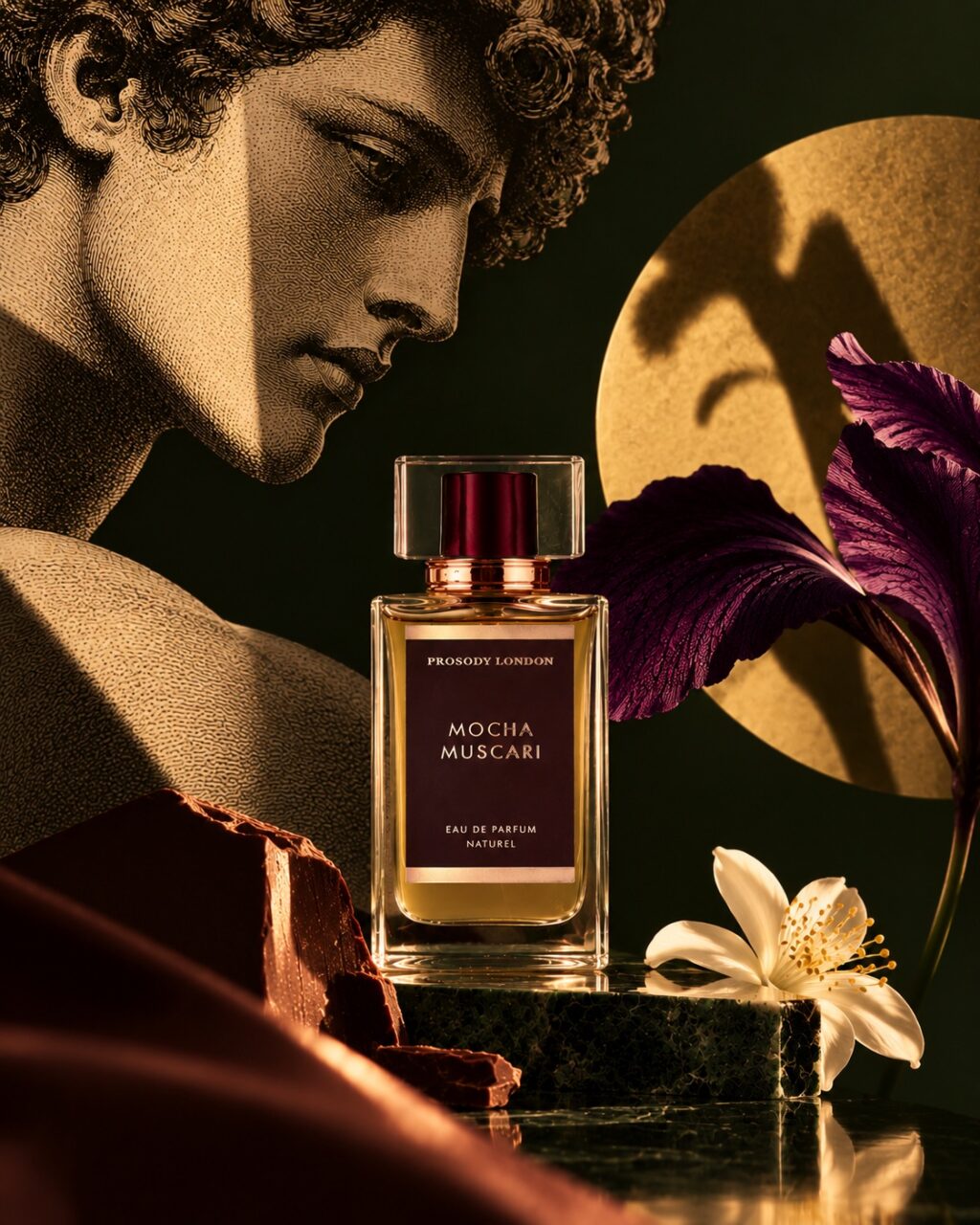 Mocha Muscari natural eau de parfum by Prosody London, gilded portrait