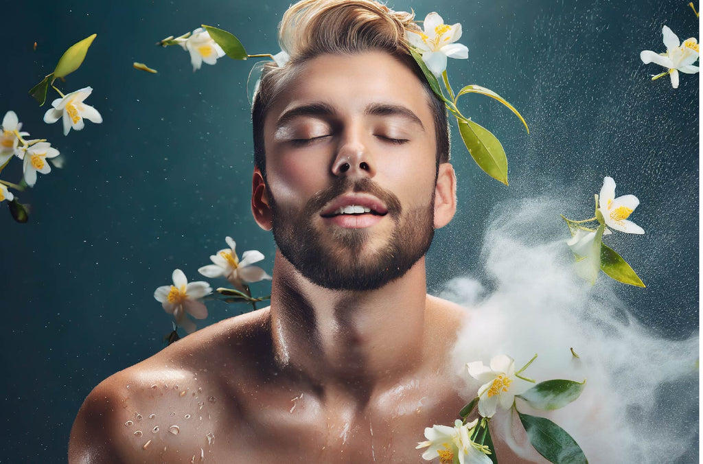 man enjoying inhaling the scent of neroli with water mist
