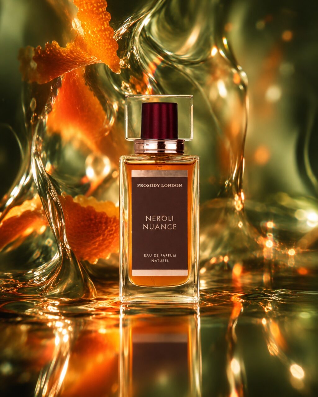 Neroli Nuance natural eau de parfum by Prosody London with orange peel and golden light