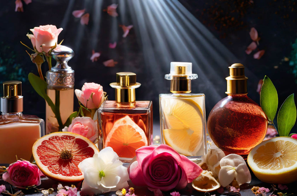 Perfume bottles in dark setting with flowers and fruits
