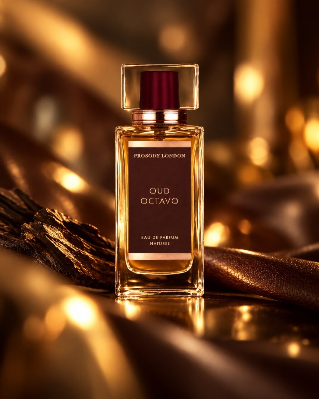 Oud Octavo natural eau de parfum by Prosody London in amber light