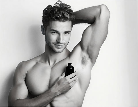 male model with black oud bottle