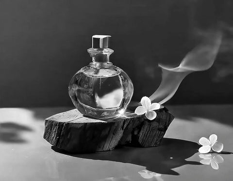 oud with perfume bottle with petals and smoke