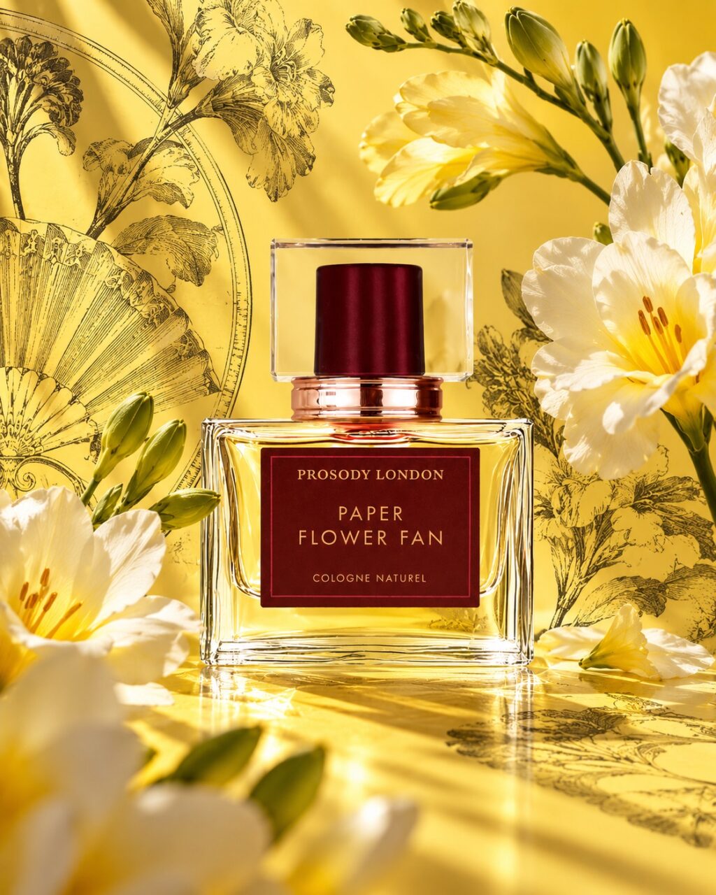 Paper Flower Fan natural cologne by Prosody London in a golden botanical still life
