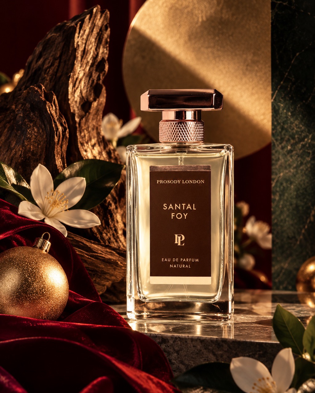 Santal Foy natural eau de parfum by Prosody London with white blossom and a gold moon