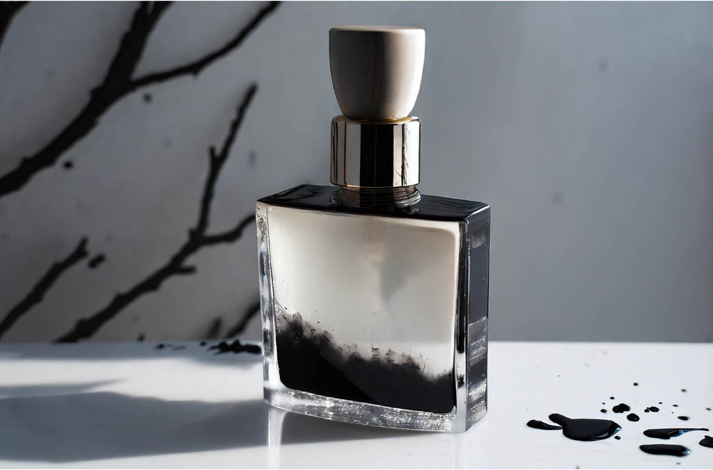 synthetic perfume with petroluem origin and black droplets on white table