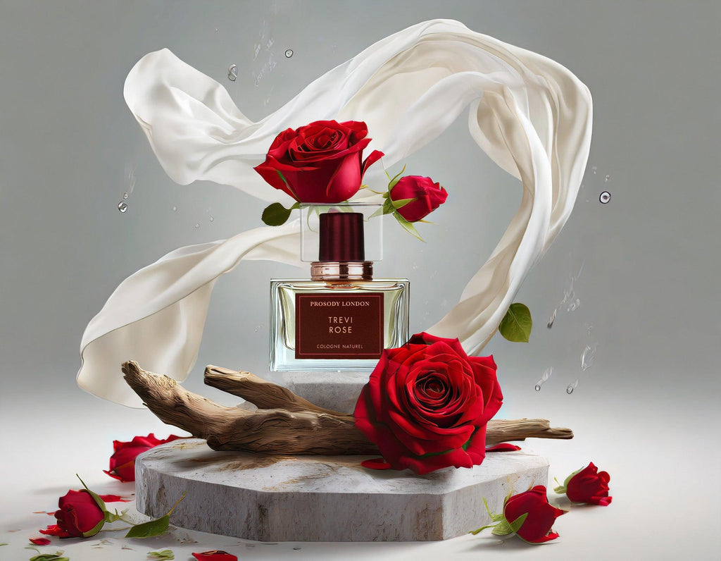 rose cologne with white fabric, roses and drift wood