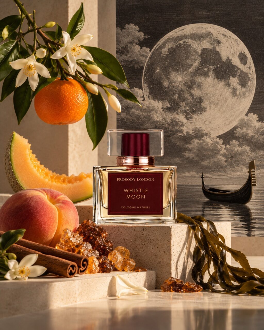 Whistle Moon natural cologne by Prosody London with orange blossom, peach and a full moon