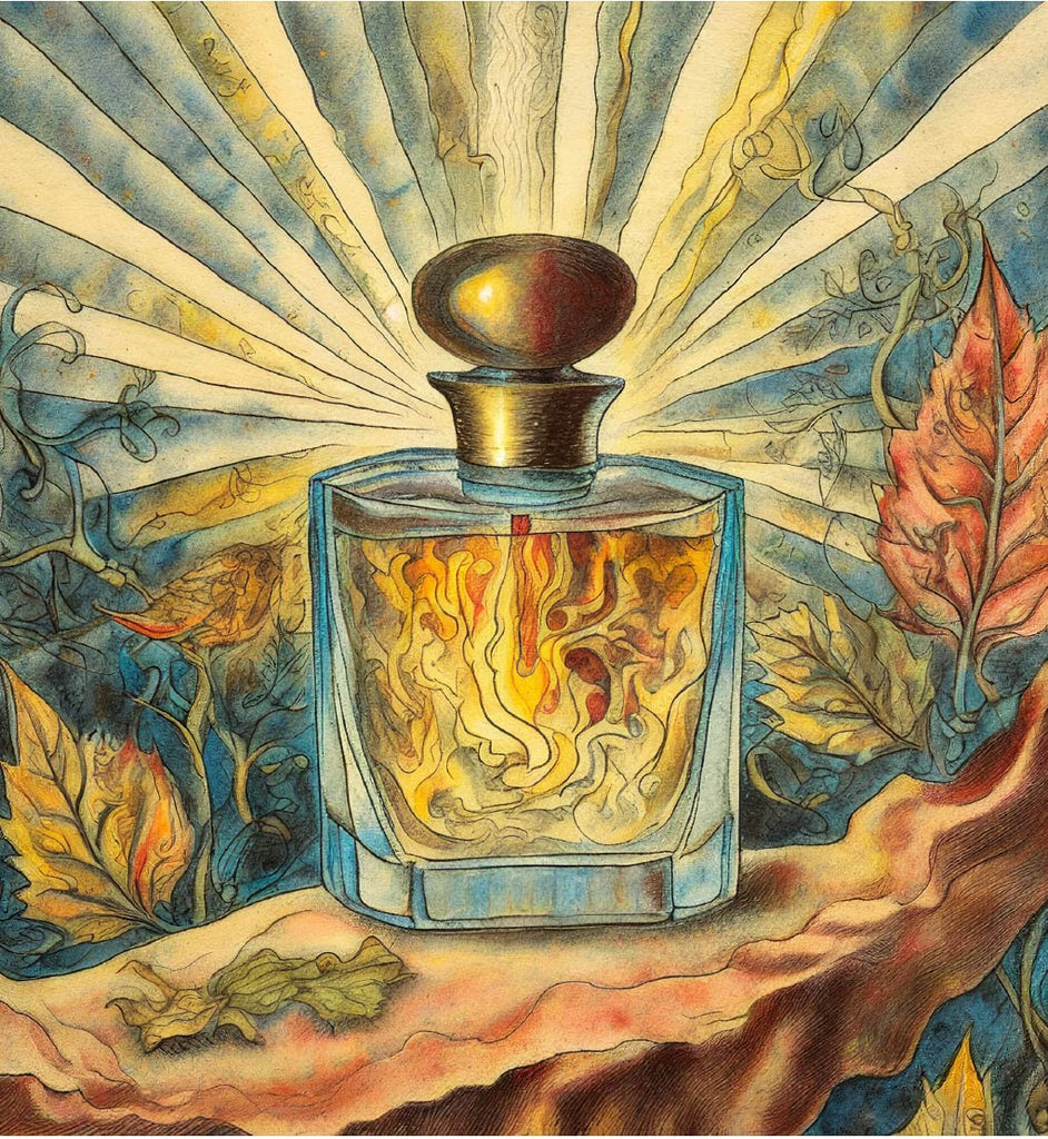 Natural perfume bottle with light beaming out in the style of William Blake