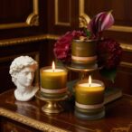 wood and woodknot natural candle by prosody london with hydrangea