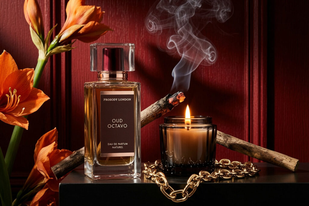 Oud Octavo oud vanilla perfume by Prosody London with smouldering oud wood and candlelight