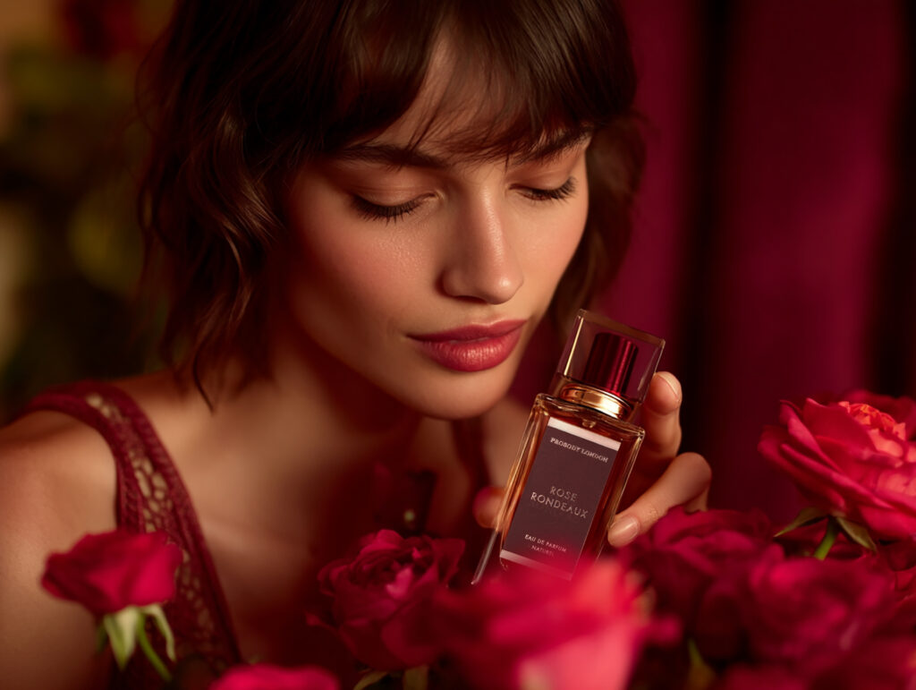best smelling woman's fragrance, lady with perfume and roses