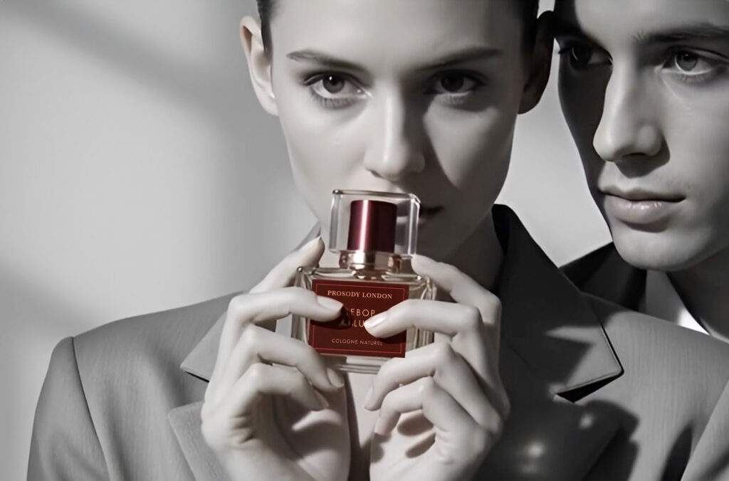 best smelling woman's fragrance with lady holding bottle and amn watching behind her