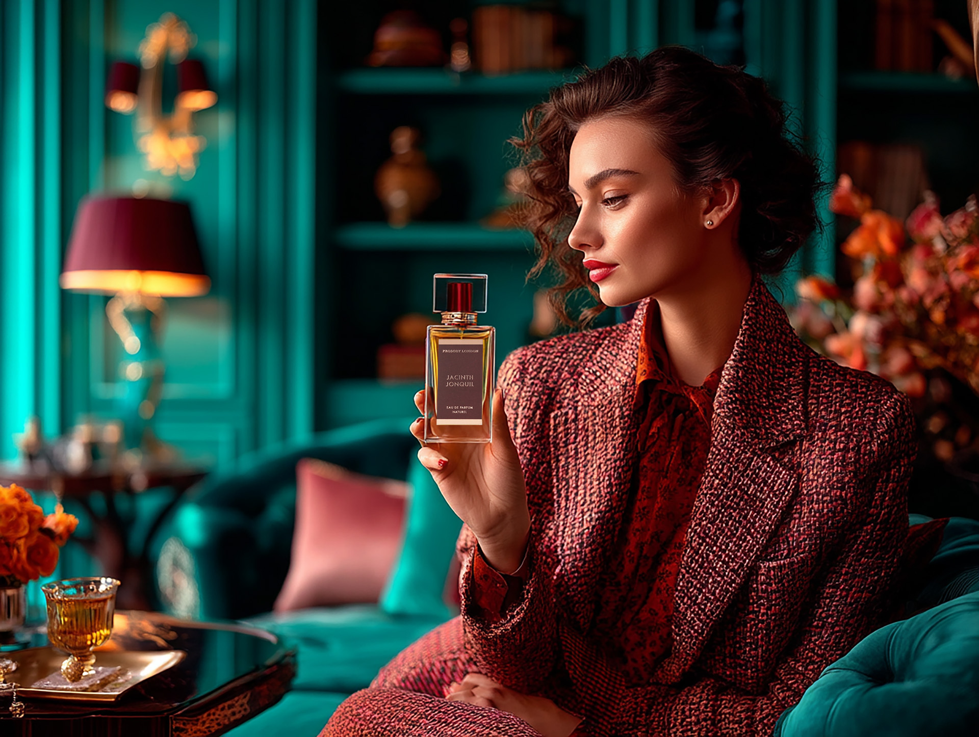 woman with quality niche perfume in turquiose interior