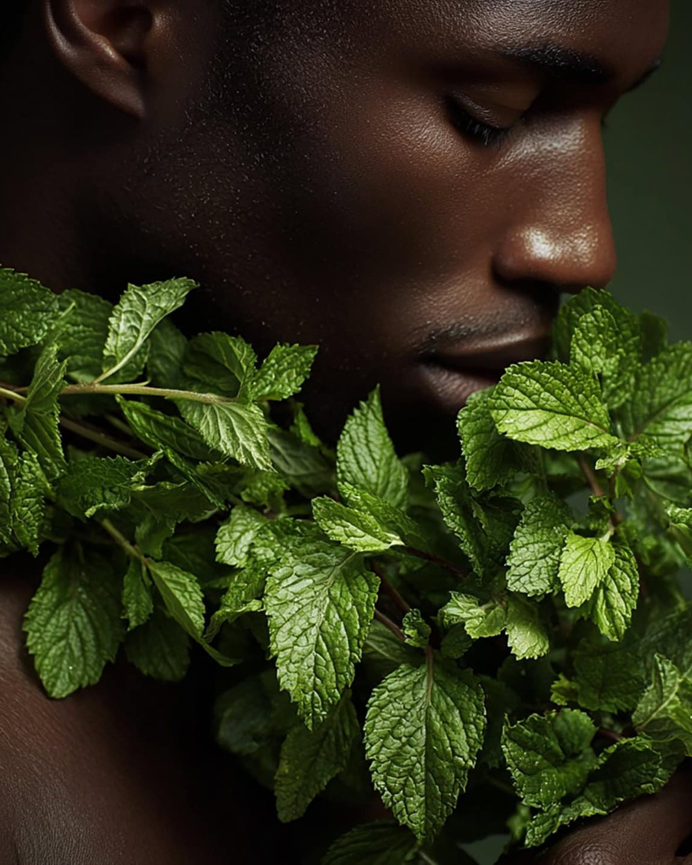 Man smelling fresh patchouli leaves, the source of patchouli oil