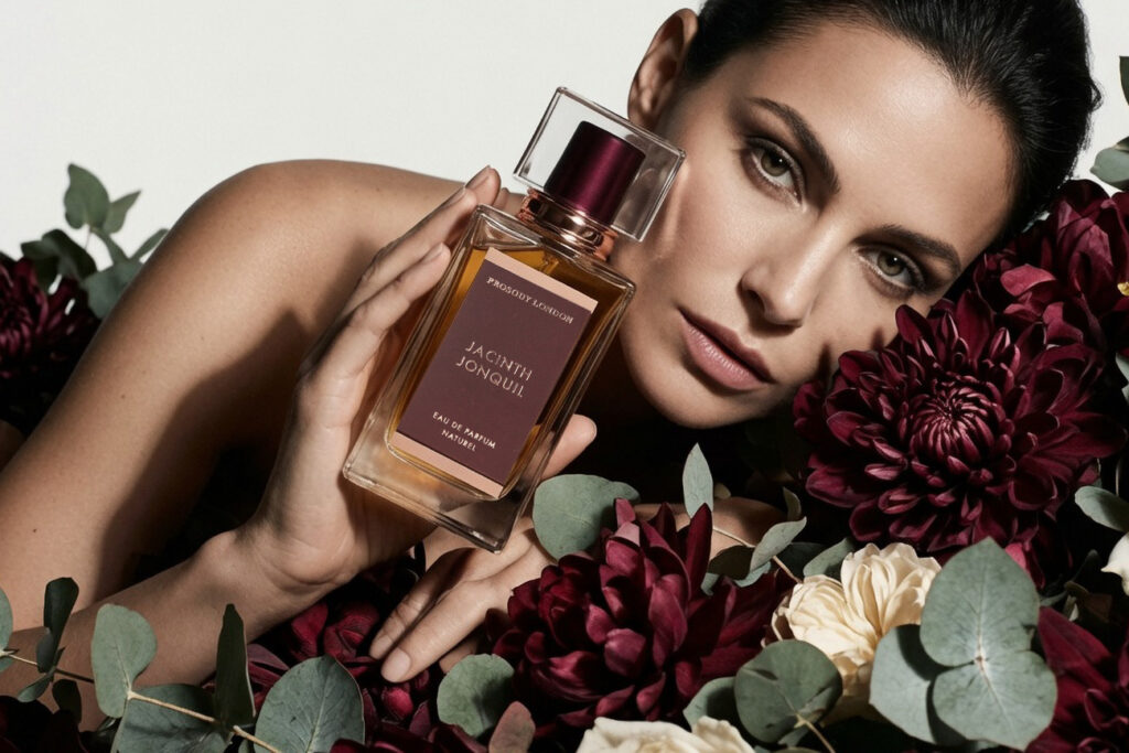 Prosody London Jacinth Jonquil -Best Niche Perfumes held by woman surrounded by burgundy dahlias and cream roses