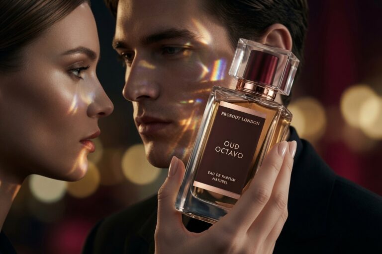 Couple holding Prosody London Oud Octavo natural long-lasting perfume bottle close together, warm bokeh lighting