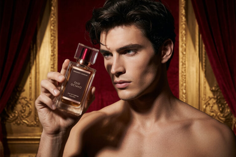 Oud Octavo luxury perfume by Prosody London held by a guy with red and gold luxury setting