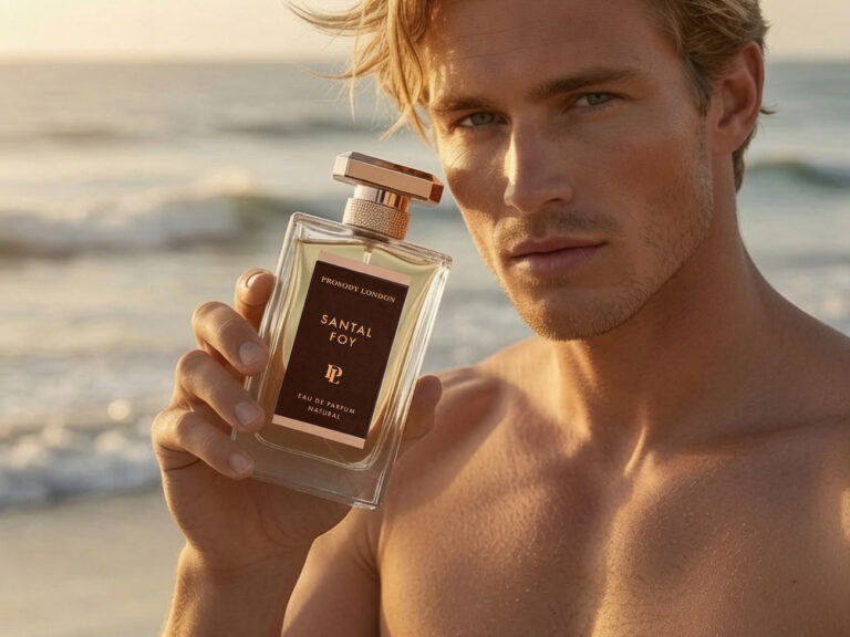 Man holding Prosody London Santal Foy natural eau de parfum on the beach, a warm sandalwood men's fragrance