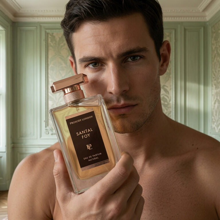 Best Men's Fragrances for Masculinity 2026 — A Perfumer's Pick 23 Man holding Prosody London Santal Foy natural eau de parfum, a non-toxic men's fragrance
