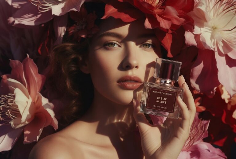 Woman holding Bebop Allure natural cologne by Prosody London, a headache-friendly aldehyde-free fragrance
