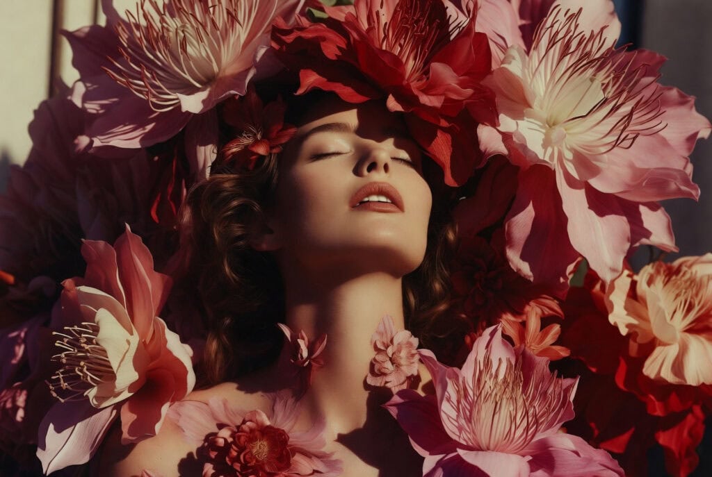Perfume Headaches: Causes, Relief, and What to Look For Instead 2 Woman experiencing a perfume headache while surrounded by flowers, seeking natural and niche perfume alternatives.