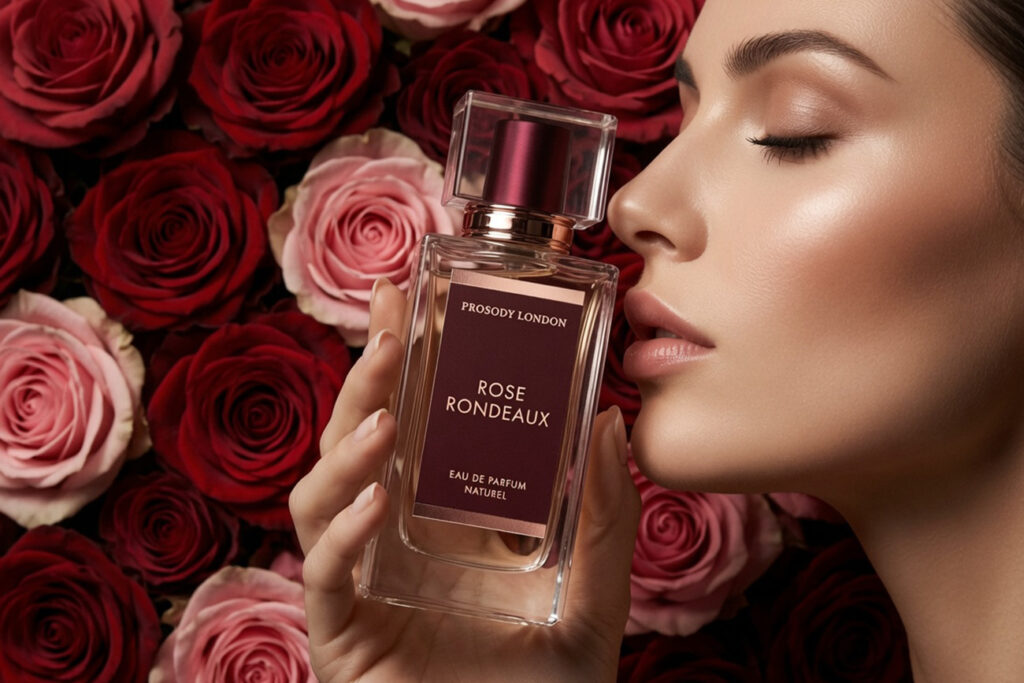 Woman holding Prosody London Rose Rondeaux best women's perfume natural bottle against a background of red and pink roses