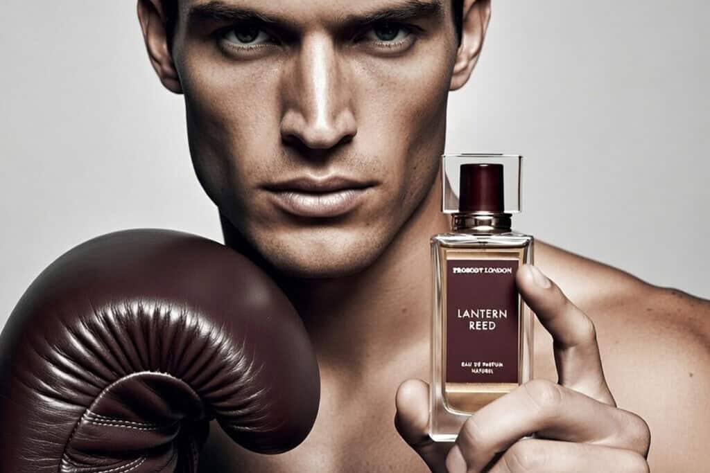Lantern Reed natural cologne for men by Prosody London — man with boxing glove, grounded woody mineral fragrance