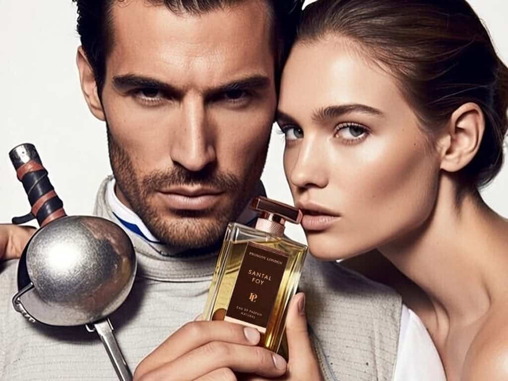 Santal Foy natural cologne for men by Prosody London — man and woman in editorial shoot, refined woody fragrance