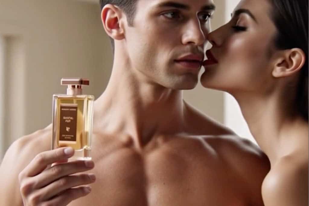 Santal Foy natural cologne for men by Prosody London — couple in intimate editorial, sandalwood and botanical fragrance