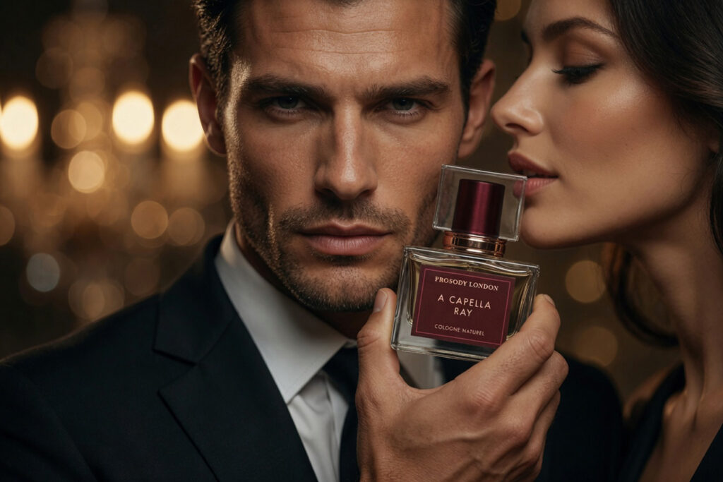 12 Colognes Women Love on Men in 2026, the Science Behind It 6 Man in black suit holding A Capella Ray - best colognes women love on men by Prosody London with a woman leaning in — best men's fragrance for dating