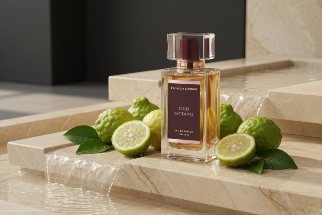 Oud Octavo natural perfume with bergamot fruit on marble steps