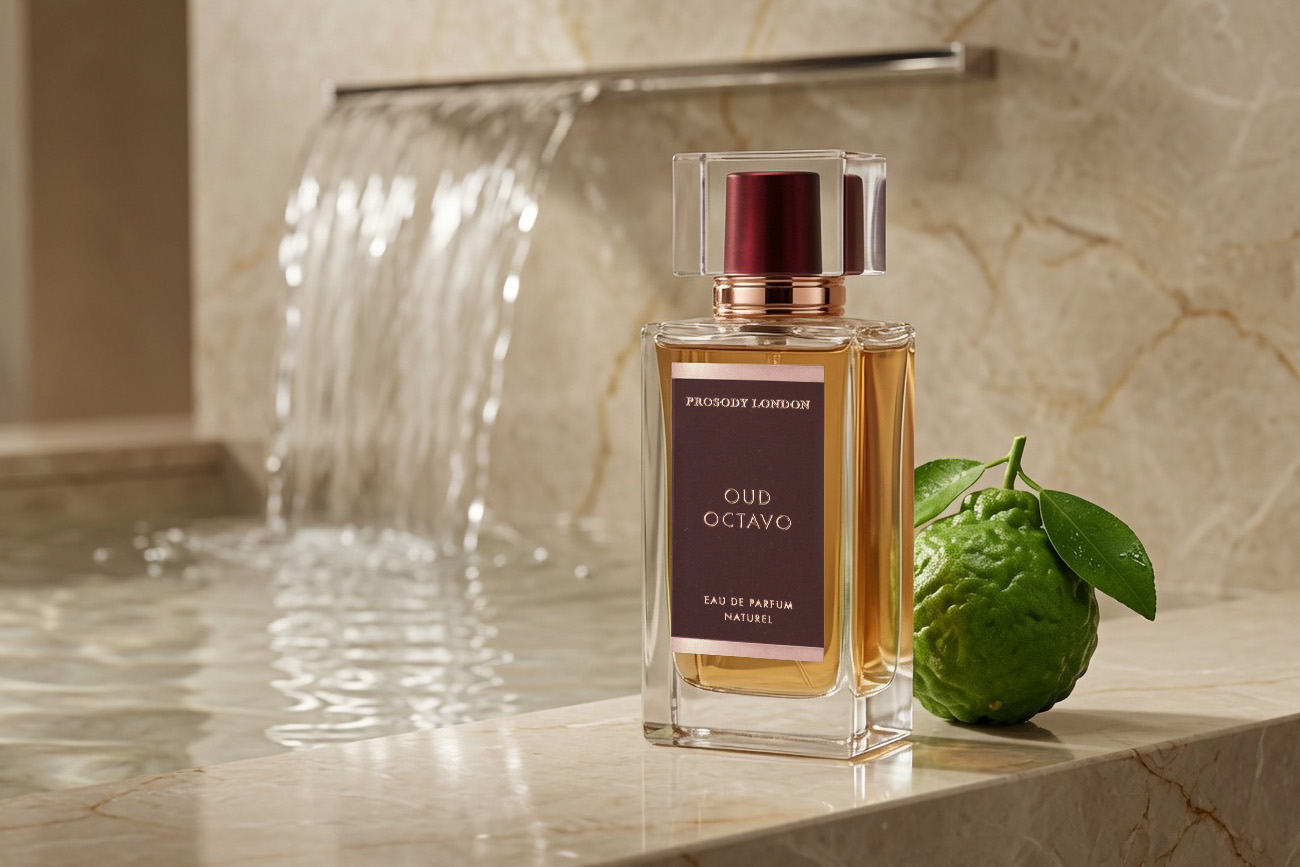 Oud Octavo natural calming perfume by Prosody London with bergamot and waterfall on marble