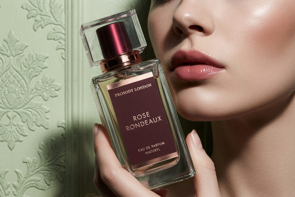 Rose Rondeaux eau de parfum by Prosody London held close to skin — rose absolute and sandalwood, perfume and skin comfort