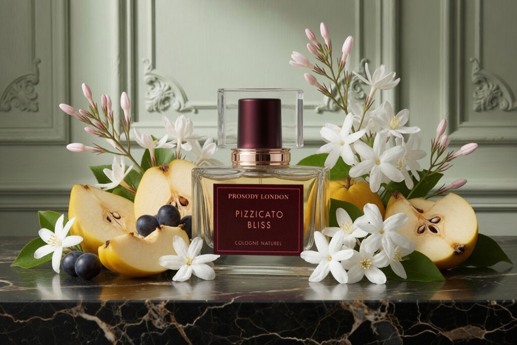 Pizzicato Bliss natural calming perfume by Prosody London with jasmine flowers and quince on marble