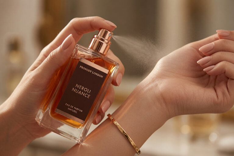 Alt text: Neroli Nuance by Prosody London — a natural spray perfume being spritzed onto the wrist