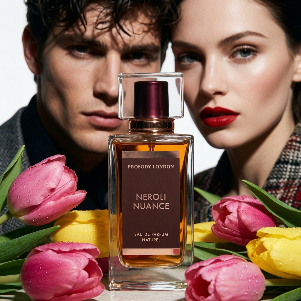 Best Niche Perfume Brands Worth Trying — A Working Perfumer's Guide 2 Couple with Prosody London Neroli Nuance, a niche perfume worth trying, among pink and yellow tulips