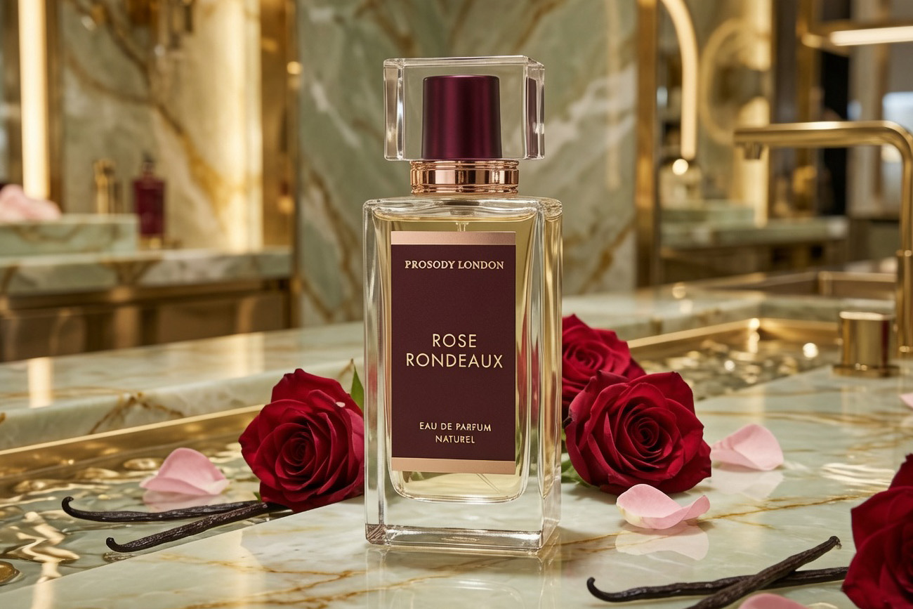 Niche perfume by mood – Rose Rondeaux by Prosody London — sensual botanical rose perfume, natural eau de parfum with rose and vanilla