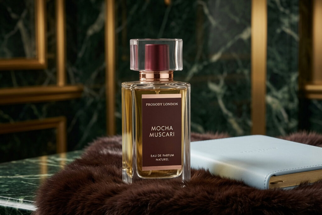 Niche perfume by mood – Mocha Muscari Eau de Parfum Naturel by Prosody London on dark green marble with fur and a leather notebook — botanical fragrance for relaxation