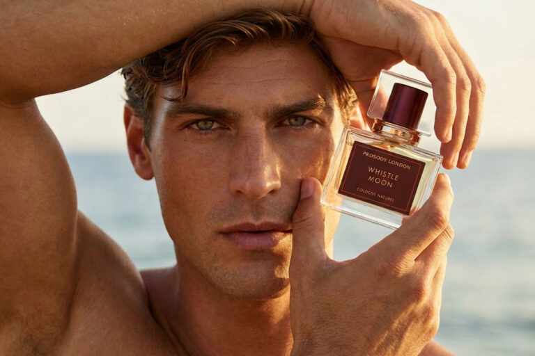 Good Cologne for Quality and durability — A Perfumer's Guide 21 Man shielding eyes from sun while holding Prosody London Whistle Moon natural cologne at the beach